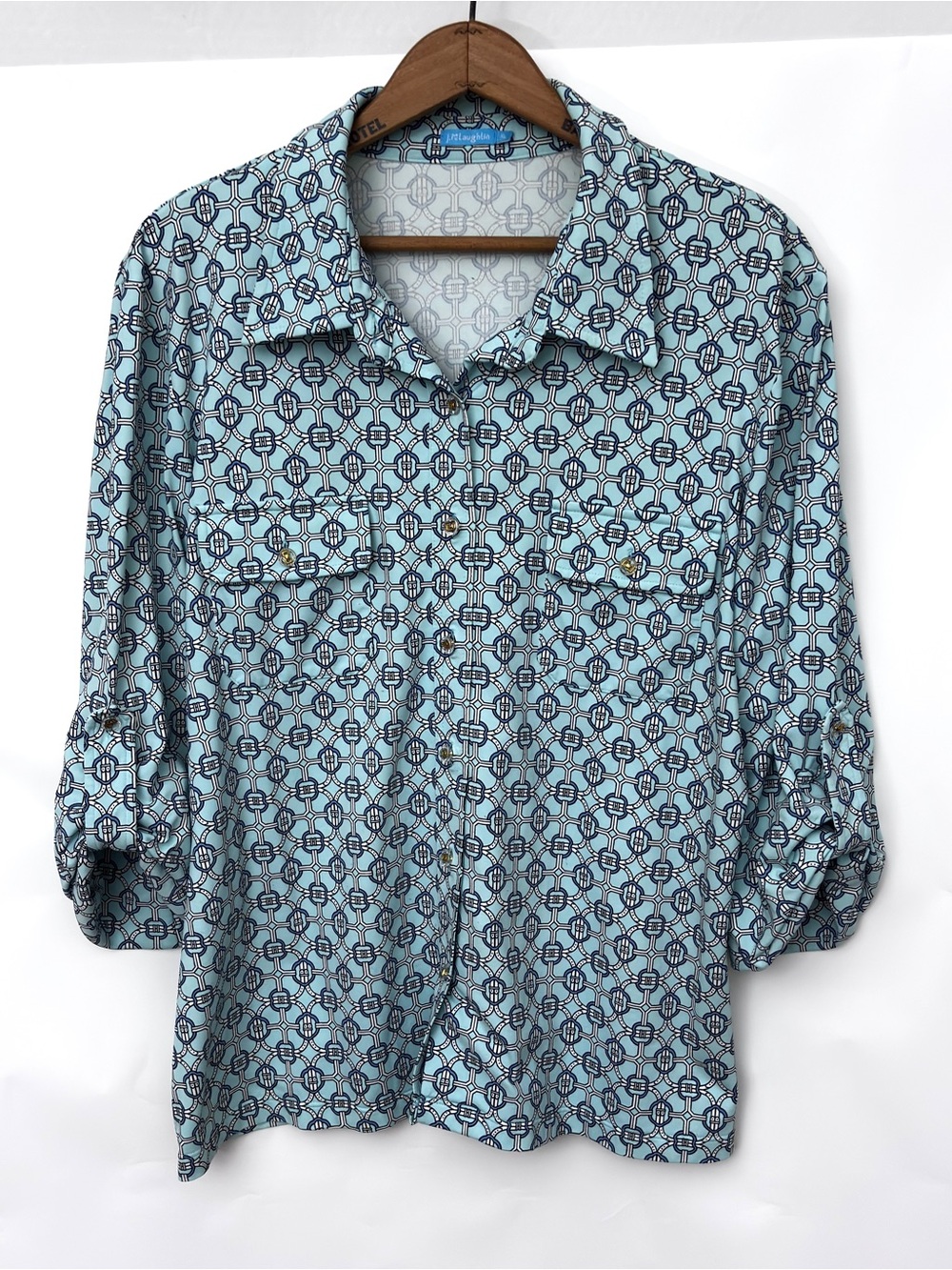 J. McLaughlin Aqua Blue Geometric Button Down Blouse Performance Fabric XL
